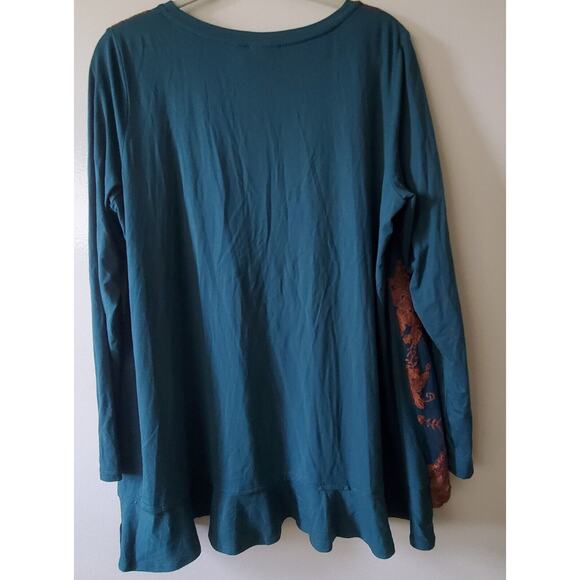Logo Lavish by Lori Goldstein L Teal Green Tunic Brown Floral Embroidery Lace - Picture 6 of 12